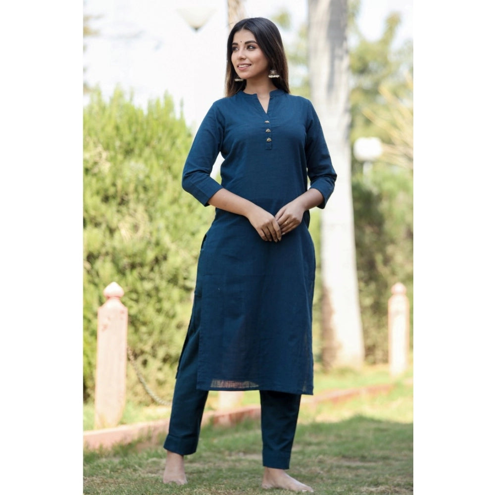 Cotton Solid 3/4 Sleeve Mandarin collar Kurti (Blue)