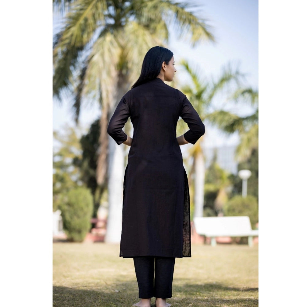 Cotton Solid 3/4 Sleeve Mandarin collar Kurti (Black)