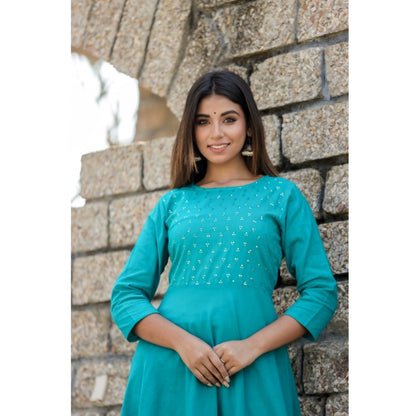 Cotton Solid 3/4 Sleeve Round Neck Kurti (Green)