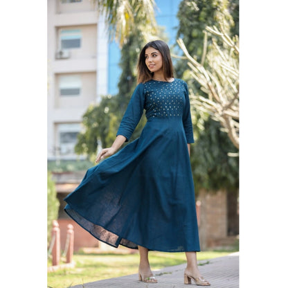 Cotton Solid 3/4 Sleeve Round Neck Kurti (Blue)