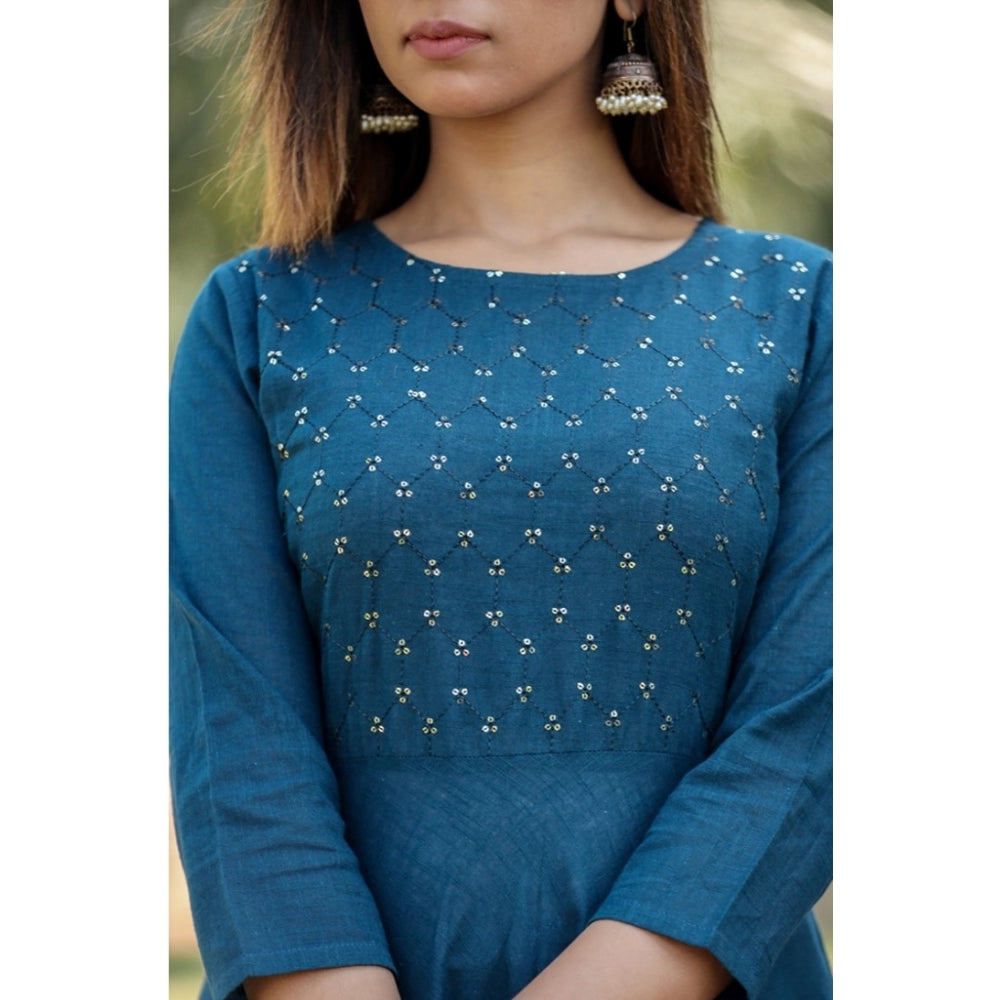 Cotton Solid 3/4 Sleeve Round Neck Kurti (Blue)