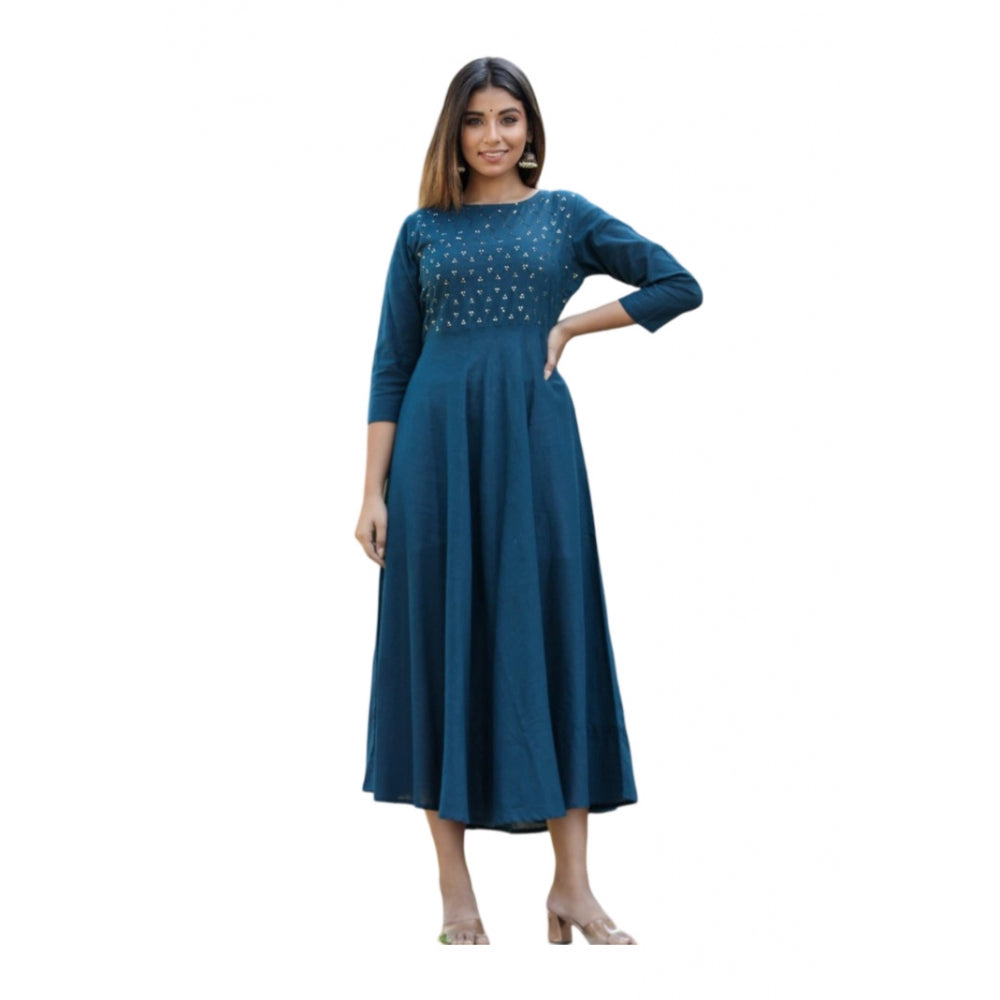 Cotton Solid 3/4 Sleeve Round Neck Kurti (Blue)