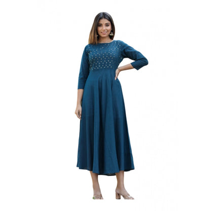 Cotton Solid 3/4 Sleeve Round Neck Kurti (Blue)