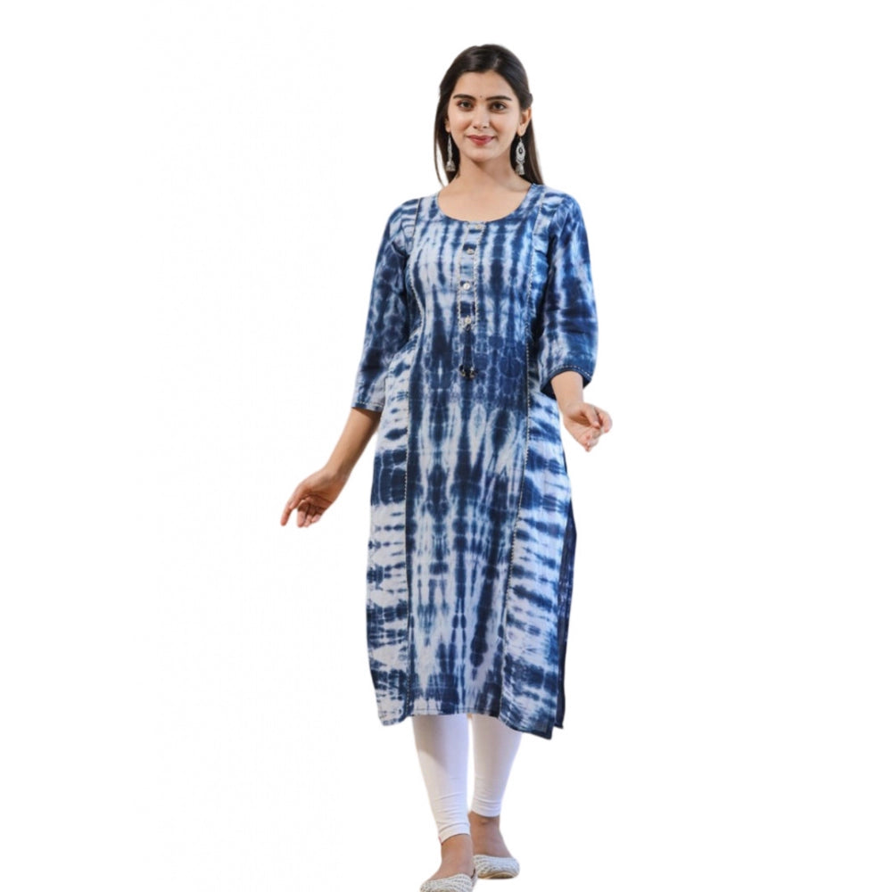 Cotton Dyed 3/4 Sleeve Round Neck Kurti (Blue)