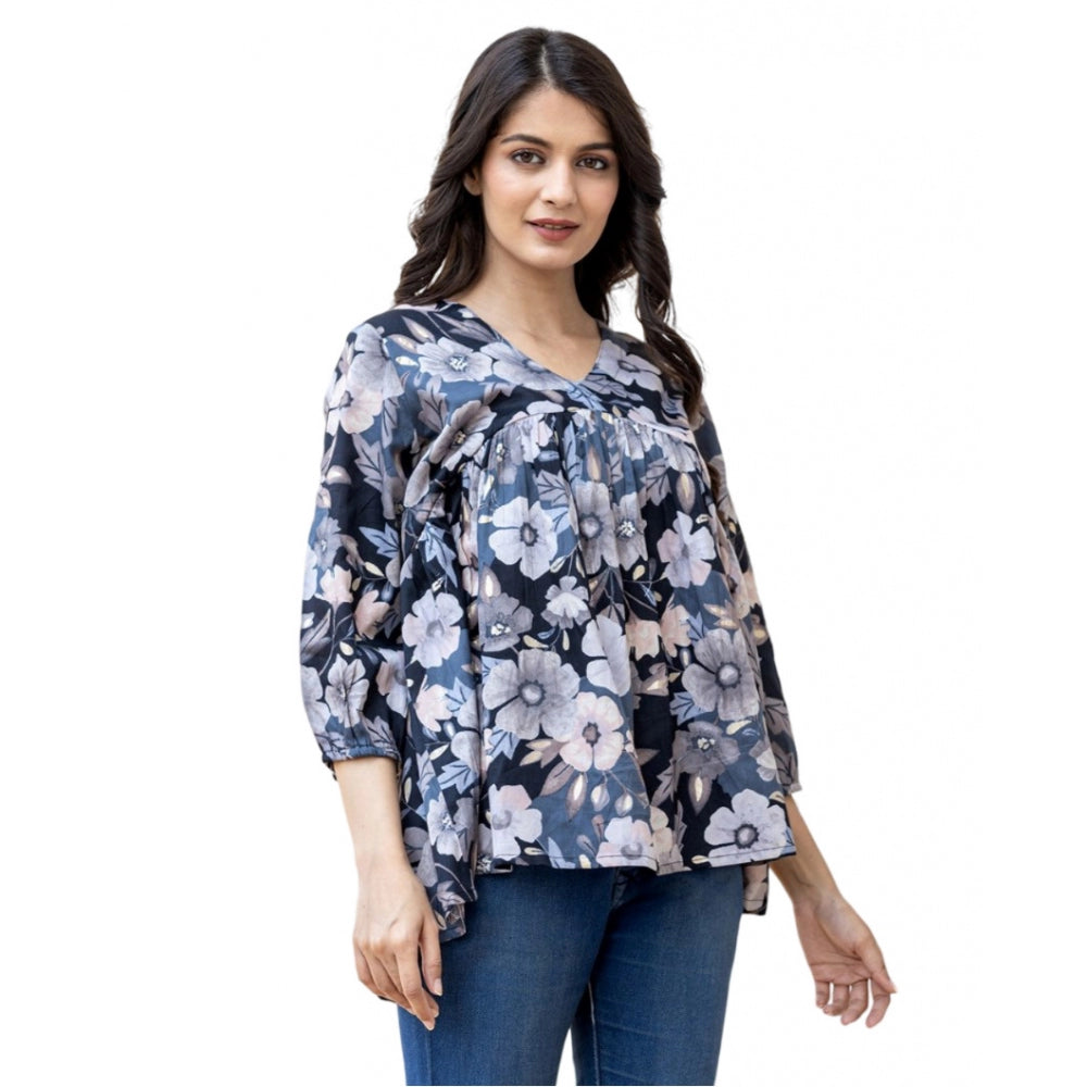 Cotton Printed 3/4 Sleeve V-Neck Top (Black)