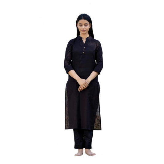 Cotton Solid 3/4 Sleeve Mandarin collar Kurti (Black)