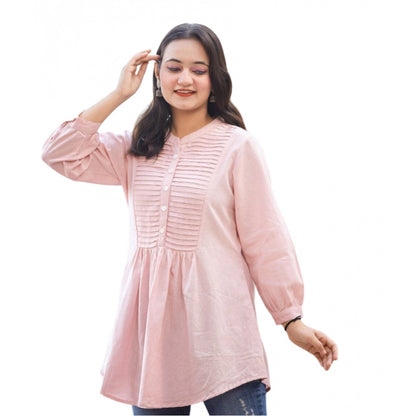 Cotton Solid Full Sleeve Band collar Tunic (Peach)