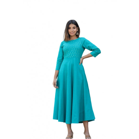 Cotton Solid 3/4 Sleeve Round Neck Kurti (Green)