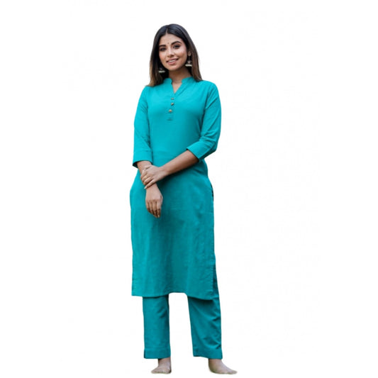 Cotton Solid 3/4 Sleeve Mandarin collar Kurti (Green)