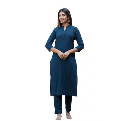 Cotton Solid 3/4 Sleeve Mandarin collar Kurti (Blue)