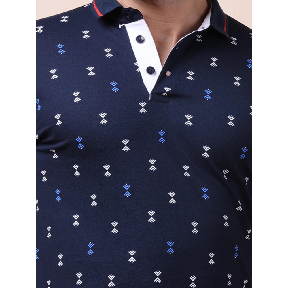 Generic Men's Casual Cotton Printed Polo Neck Half Sleeve T-Shirt (Navy)