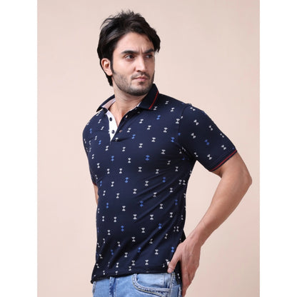 Generic Men's Casual Cotton Printed Polo Neck Half Sleeve T-Shirt (Navy)