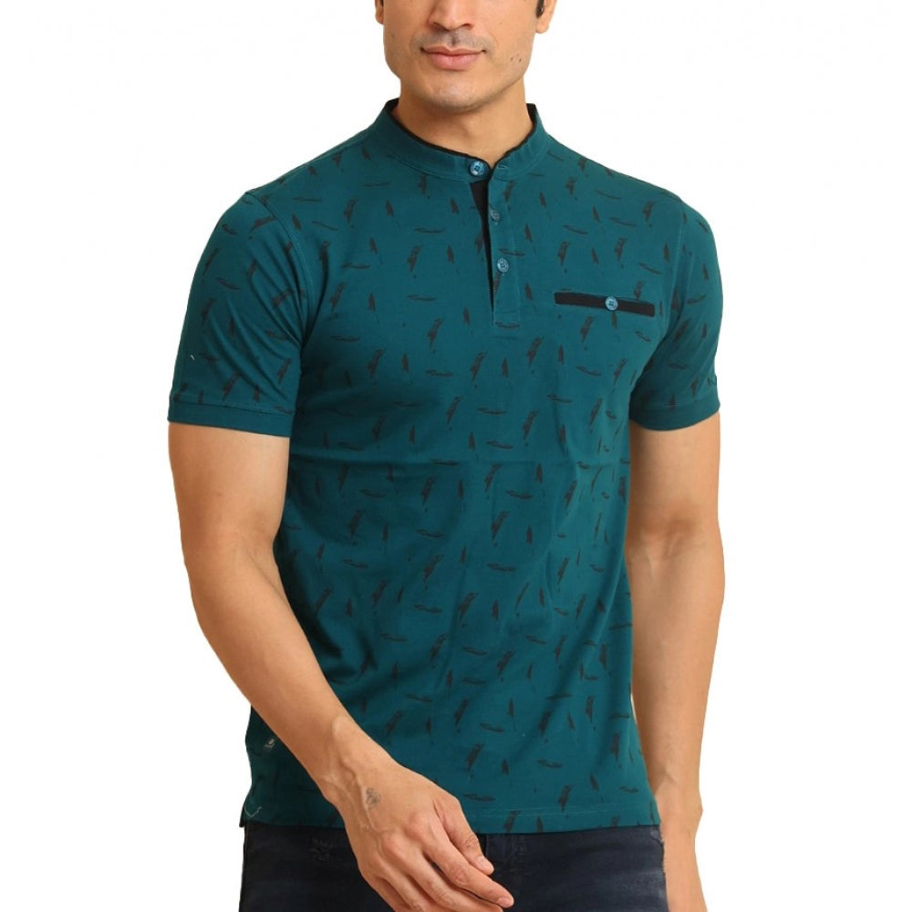 Generic Men's Casual Cotton Printed Mandarin Collar Half Sleeve T-Shirt (Green)