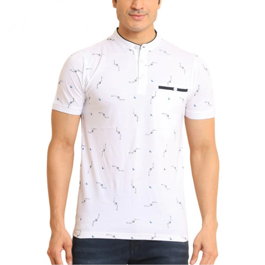 Generic Men's Casual Cotton Printed Mandarin Collar Half Sleeve T-Shirt (White)