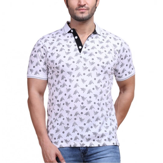 Generic Men's Casual Cotton Printed Polo Neck Half Sleeve T-Shirt (White)