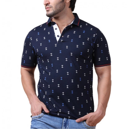 Generic Men's Casual Cotton Printed Polo Neck Half Sleeve T-Shirt (Navy)