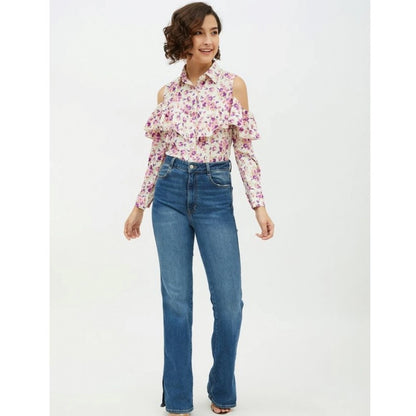 Polyester Floral Cold Shoulder Standard Length Shirt (White)