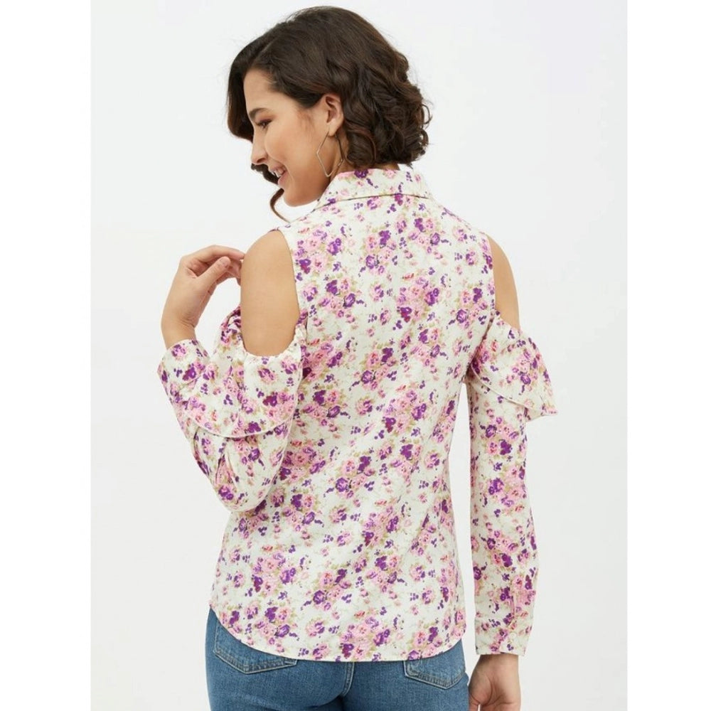 Polyester Floral Cold Shoulder Standard Length Shirt (White)