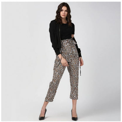 Generic Women's Polyester Animal Print Elasticated Trousers (White - Yellow)