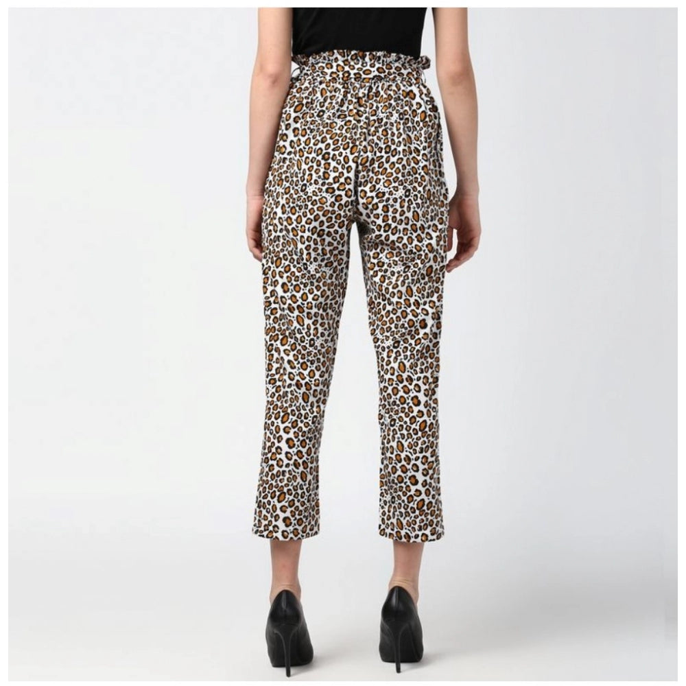 Generic Women's Polyester Animal Print Elasticated Trousers (White - Yellow)