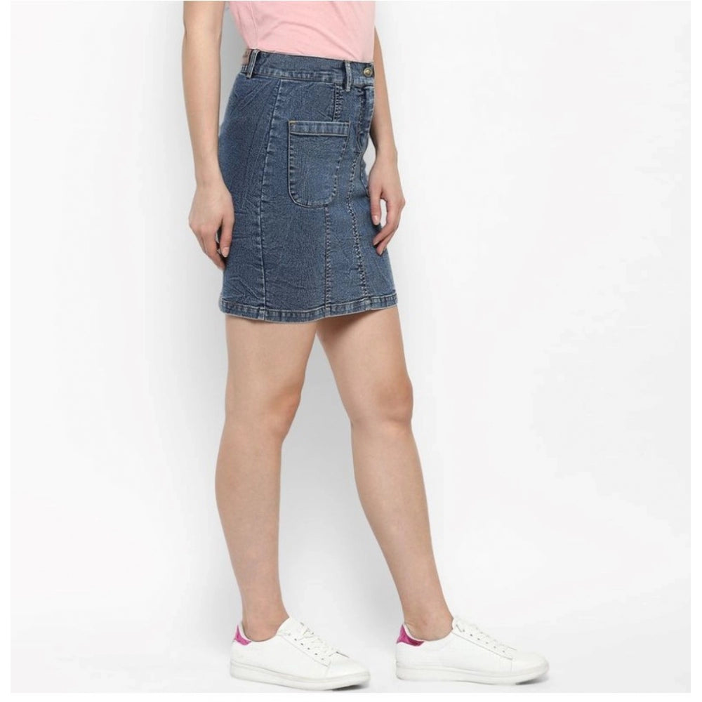 Generic Women's Denim Front Pocket Buttoned Skirt (Blue)