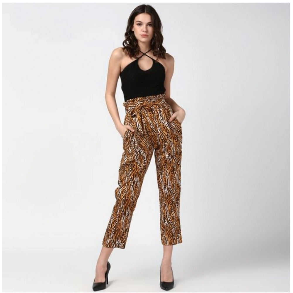 Generic Women's Polyester Animal Print Elasticated Trousers (Orange - Black)