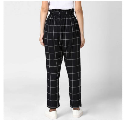 Generic Women's Polyester Checkered Elasticated Trousers (Black - White)