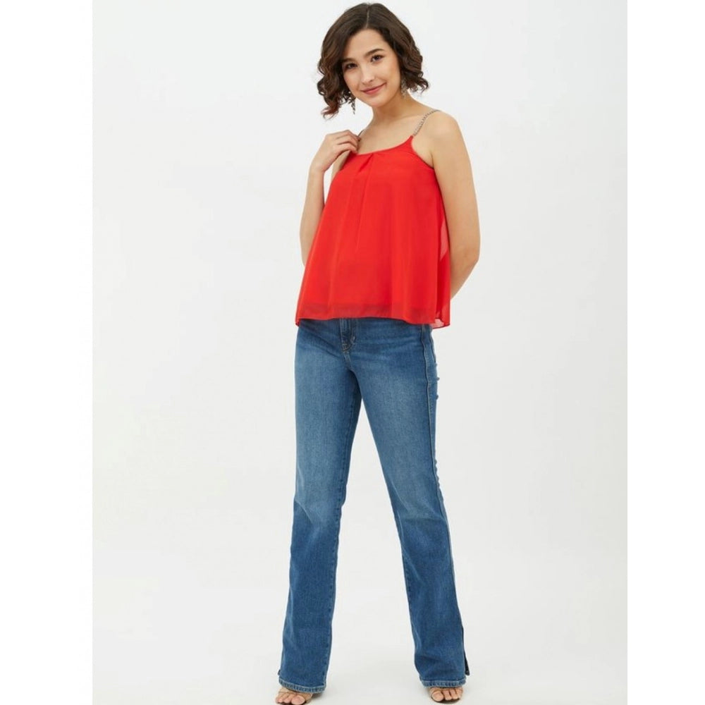 Polyester Embellished Shoulder Straps Top (Red)