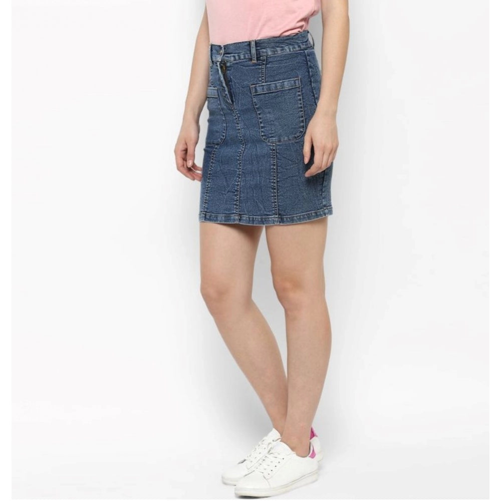 Generic Women's Denim Front Pocket Buttoned Skirt (Blue)