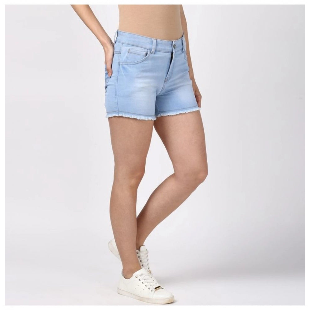 Generic Women's Denim Solid Buttoned Shorts (Blue)