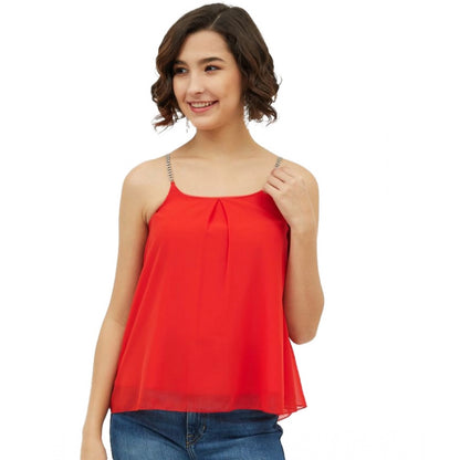 Polyester Embellished Shoulder Straps Top (Red)