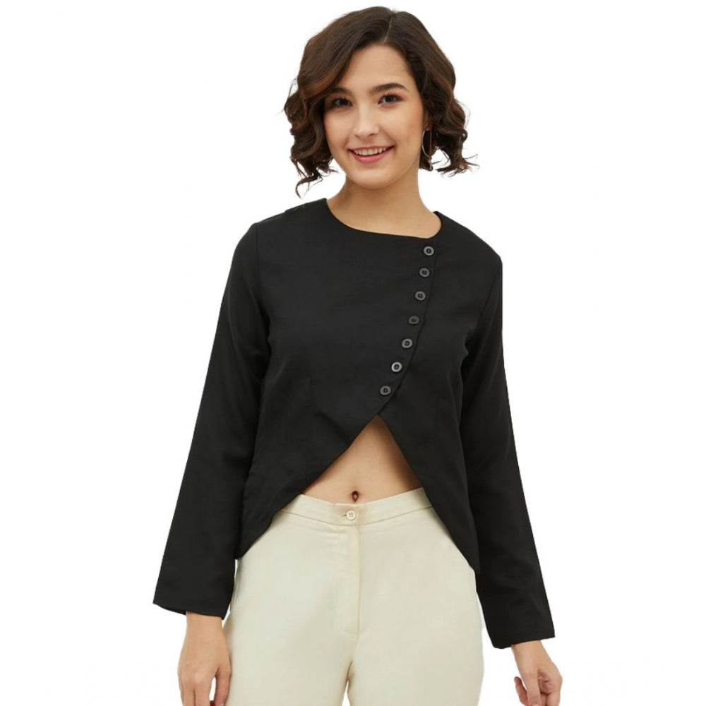 Polyester Asymmetrical Long Sleeves Top (Black)