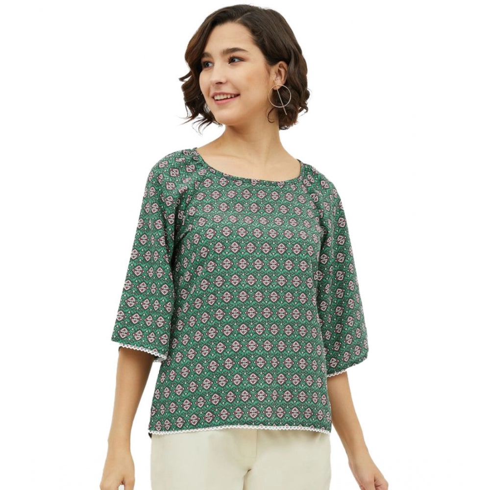 Polyester Printed 3-4th Sleeves Top (Green)