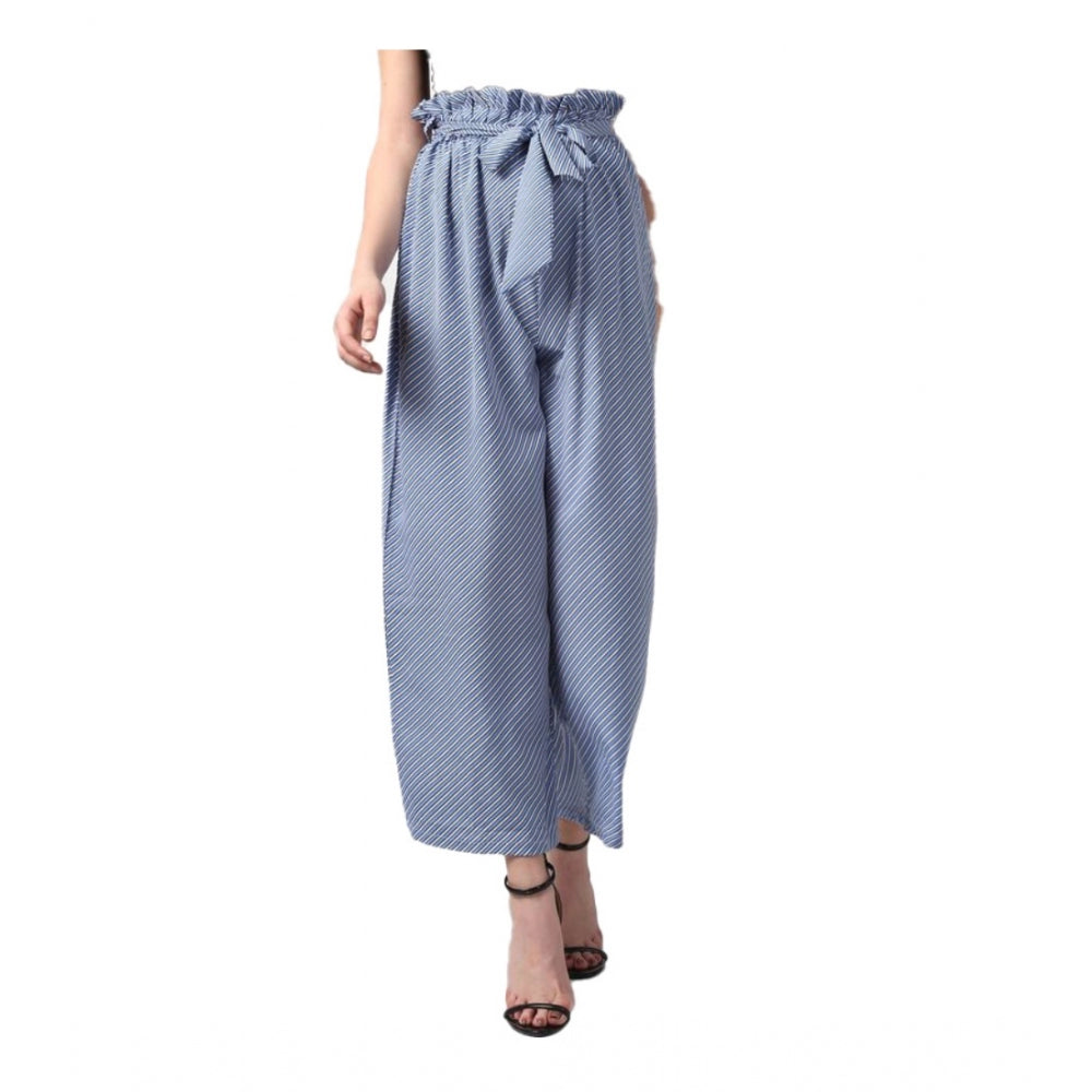 Generic Women's Polyester Striped Elasticated Trousers (Blue)