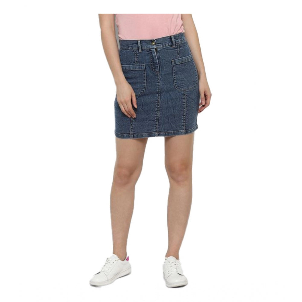 Generic Women's Denim Front Pocket Buttoned Skirt (Blue)