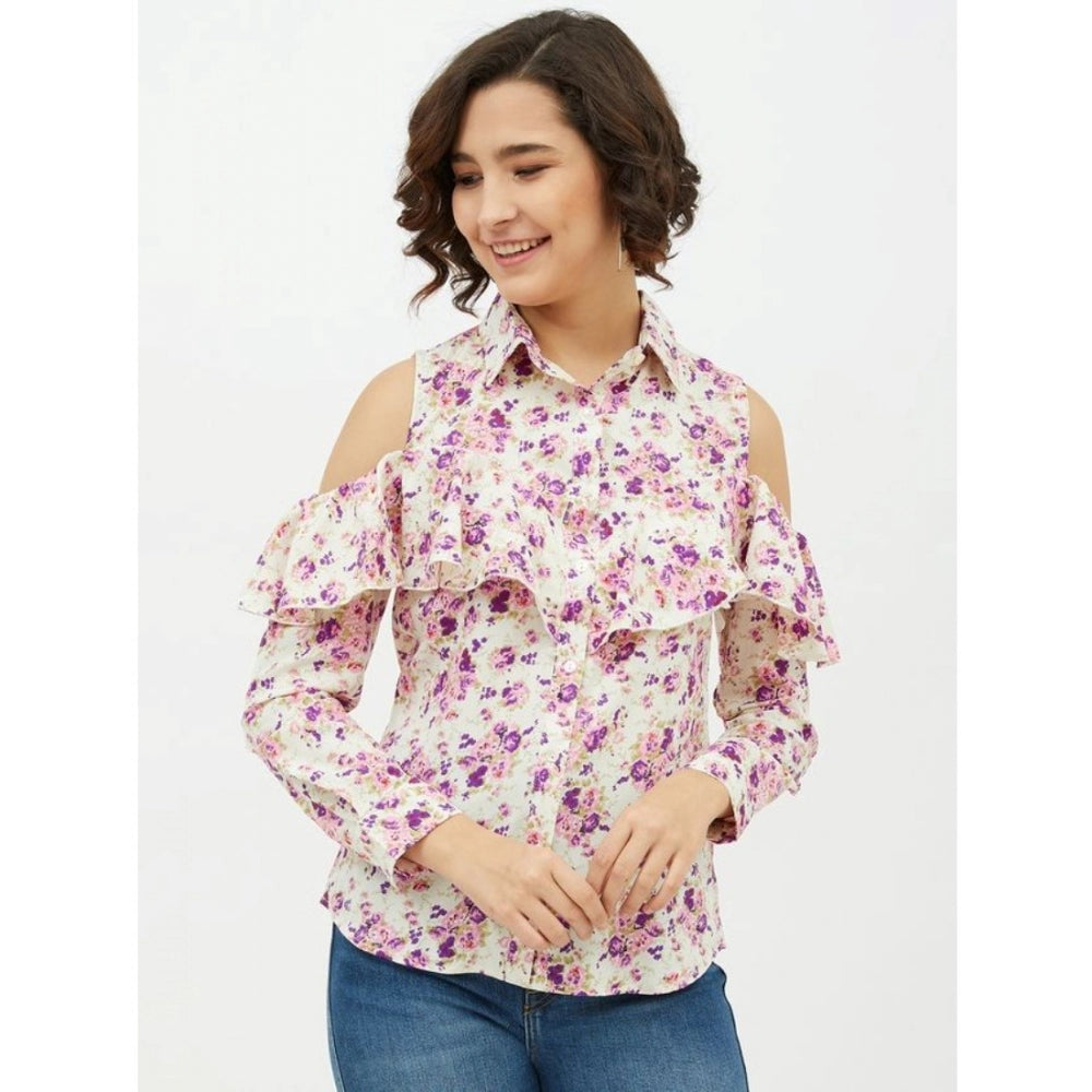 Polyester Floral Cold Shoulder Standard Length Shirt (White)