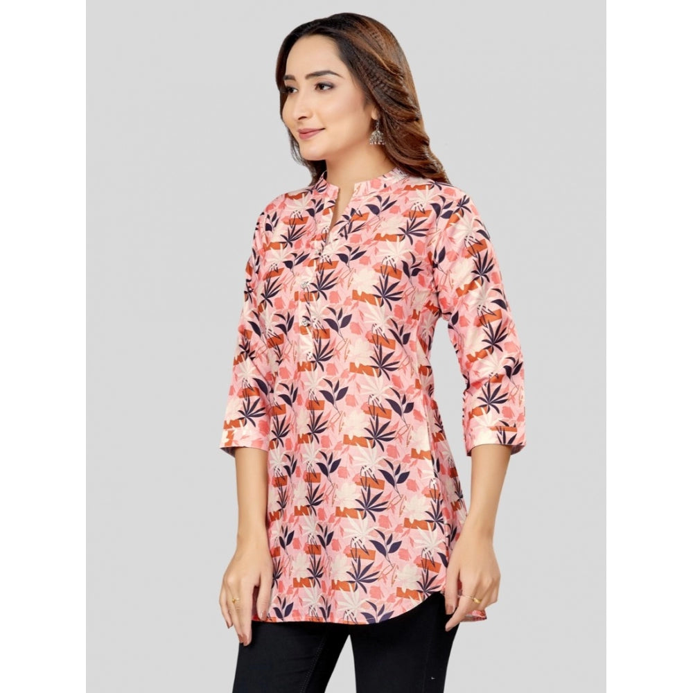 Cotton Blend Mandarin Collar 3/4 Sleeves Short Top (Pink-Navy Blue)