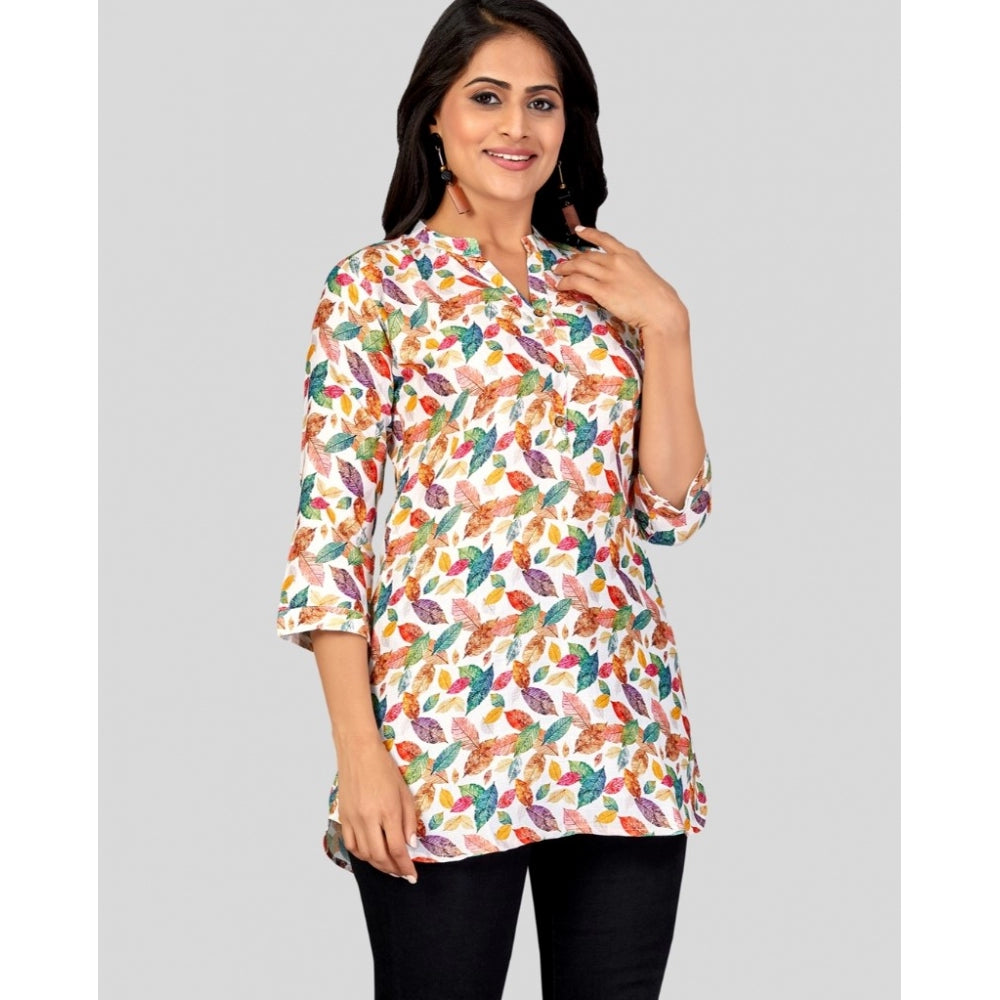 Cotton Blend Mandarin Collar 3/4 Sleeves Short Top (Multicolor)