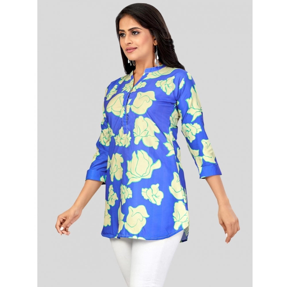 Poly Crepe Mandarin Collar 3/4 Sleeves Short Top (Blue)