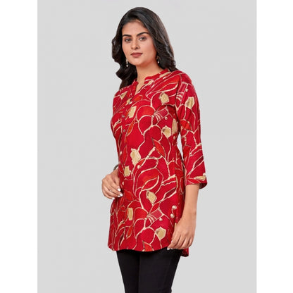 Rayon Mandarin Collar 3/4 Sleeves Short Top (Red)