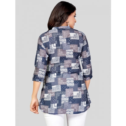 Cotton Blend Mandarin Collar 3/4 Sleeves Short Top (NavyBlue)