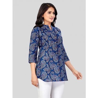 Cotton Blend Mandarin Collar 3/4 Sleeves Short Top (Blue)