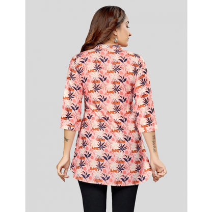 Cotton Blend Mandarin Collar 3/4 Sleeves Short Top (Pink-Navy Blue)