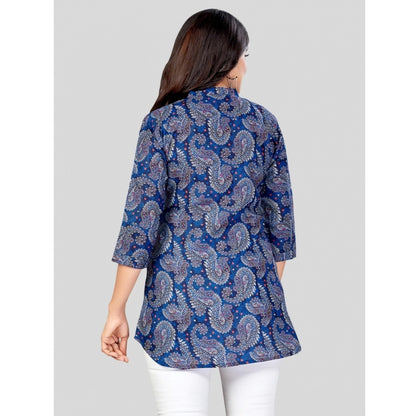 Cotton Blend Mandarin Collar 3/4 Sleeves Short Top (Blue)