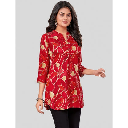 Rayon Mandarin Collar 3/4 Sleeves Short Top (Red)