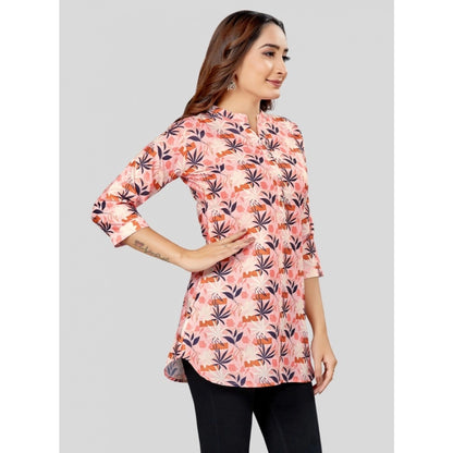 Cotton Blend Mandarin Collar 3/4 Sleeves Short Top (Pink-Navy Blue)