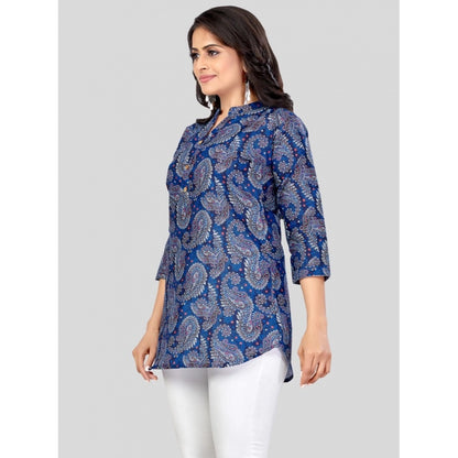 Cotton Blend Mandarin Collar 3/4 Sleeves Short Top (Blue)