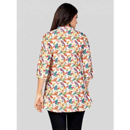 Cotton Blend Mandarin Collar 3/4 Sleeves Short Top (Multicolor)