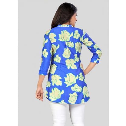 Poly Crepe Mandarin Collar 3/4 Sleeves Short Top (Blue)