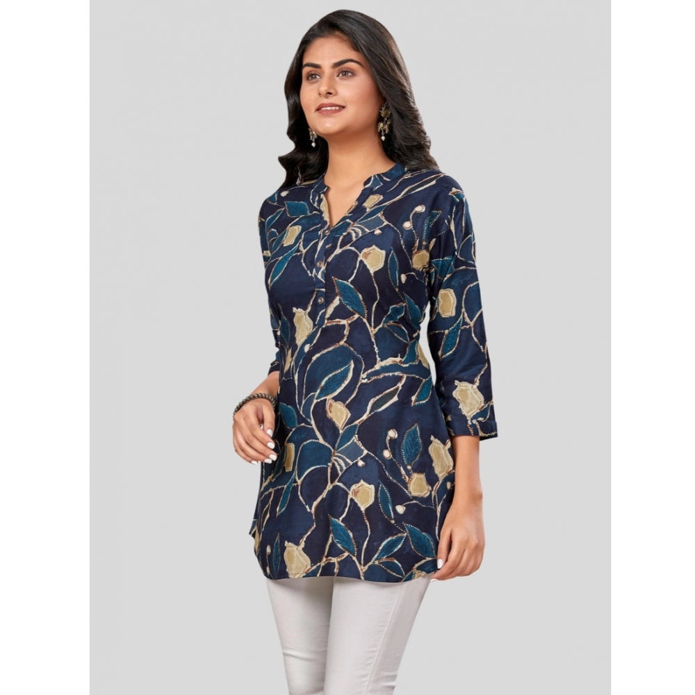 Rayon Mandarin Collar 3/4 Sleeves Short Top (NavyBlue)